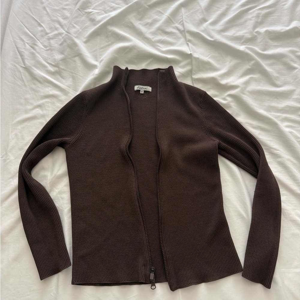 Malbon Brown Ribbed Zip Cardigan